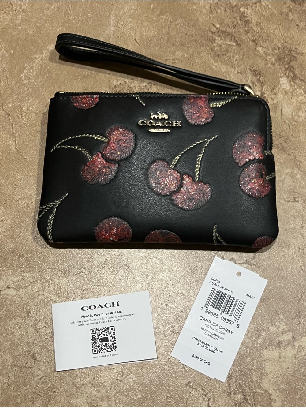 Coach Black Cherry Zip Wristlet with Glitter Cherry Motif